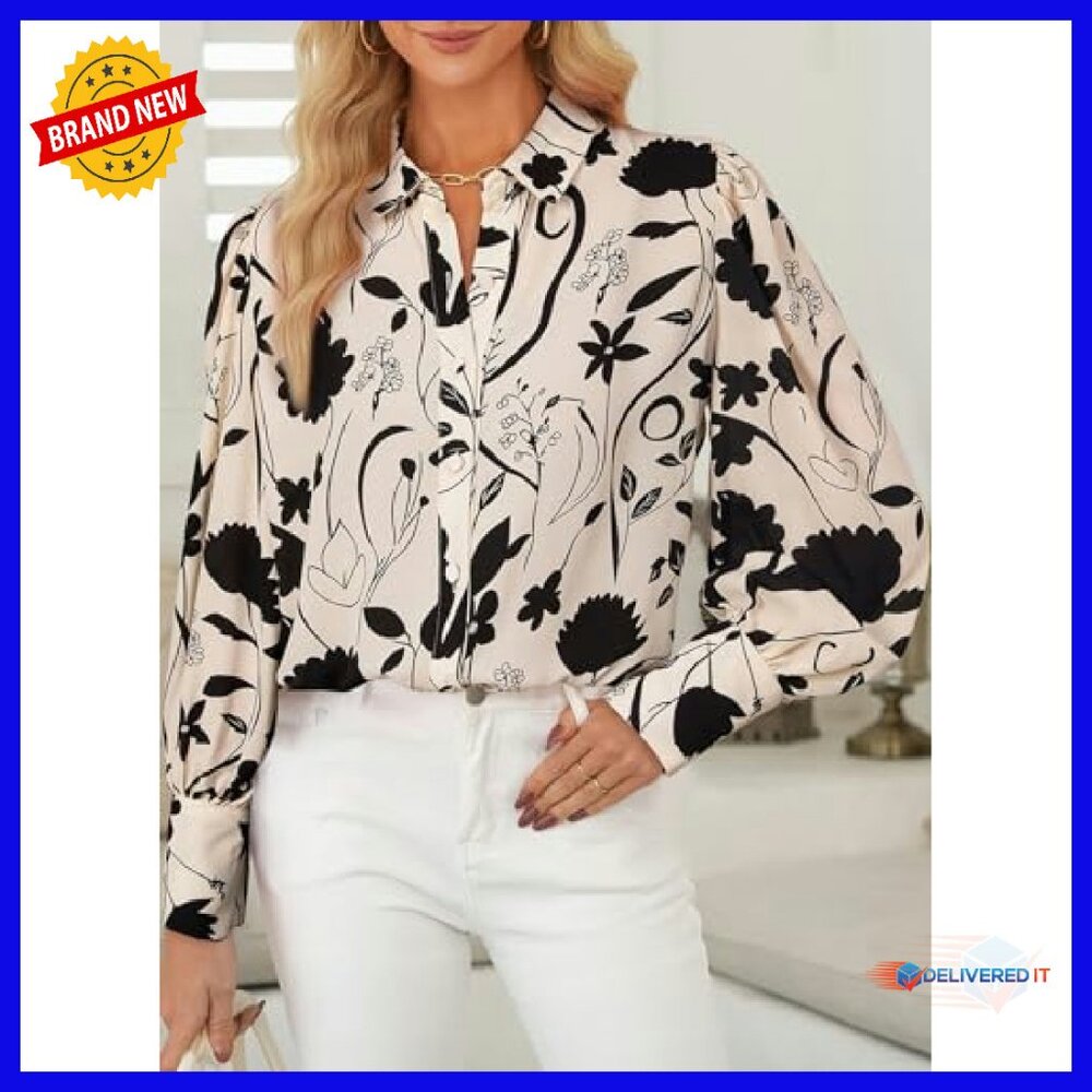 Long Sleeve Button Down Blouse, Polyester, Deep V… - image 3